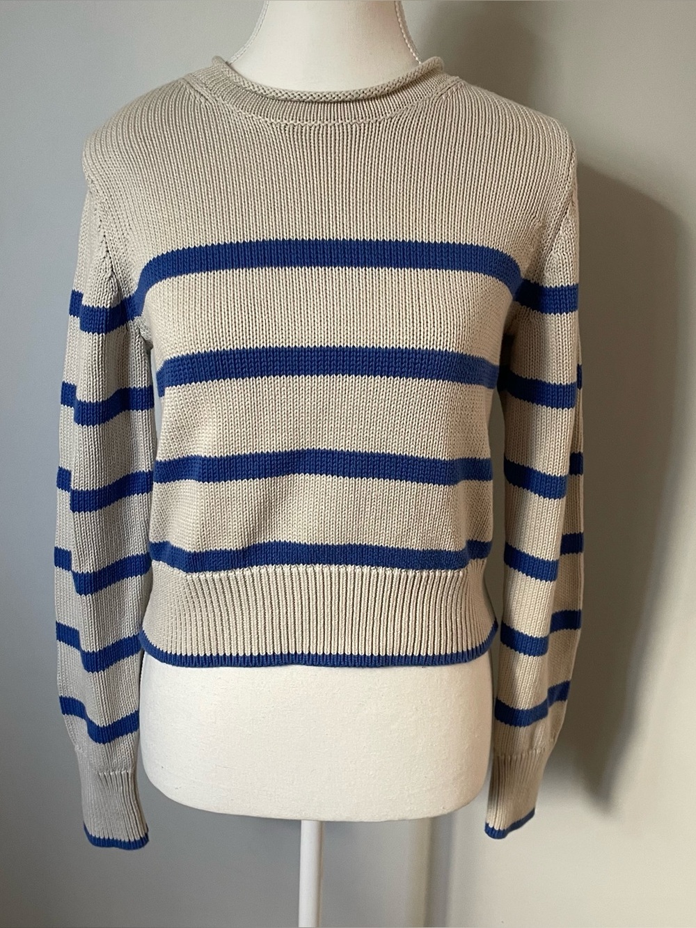 Gap 2024 Roll Neck Sweater Blue and White Fisherman Cropped 100% Cotton Size XS - Picture 5 of 11